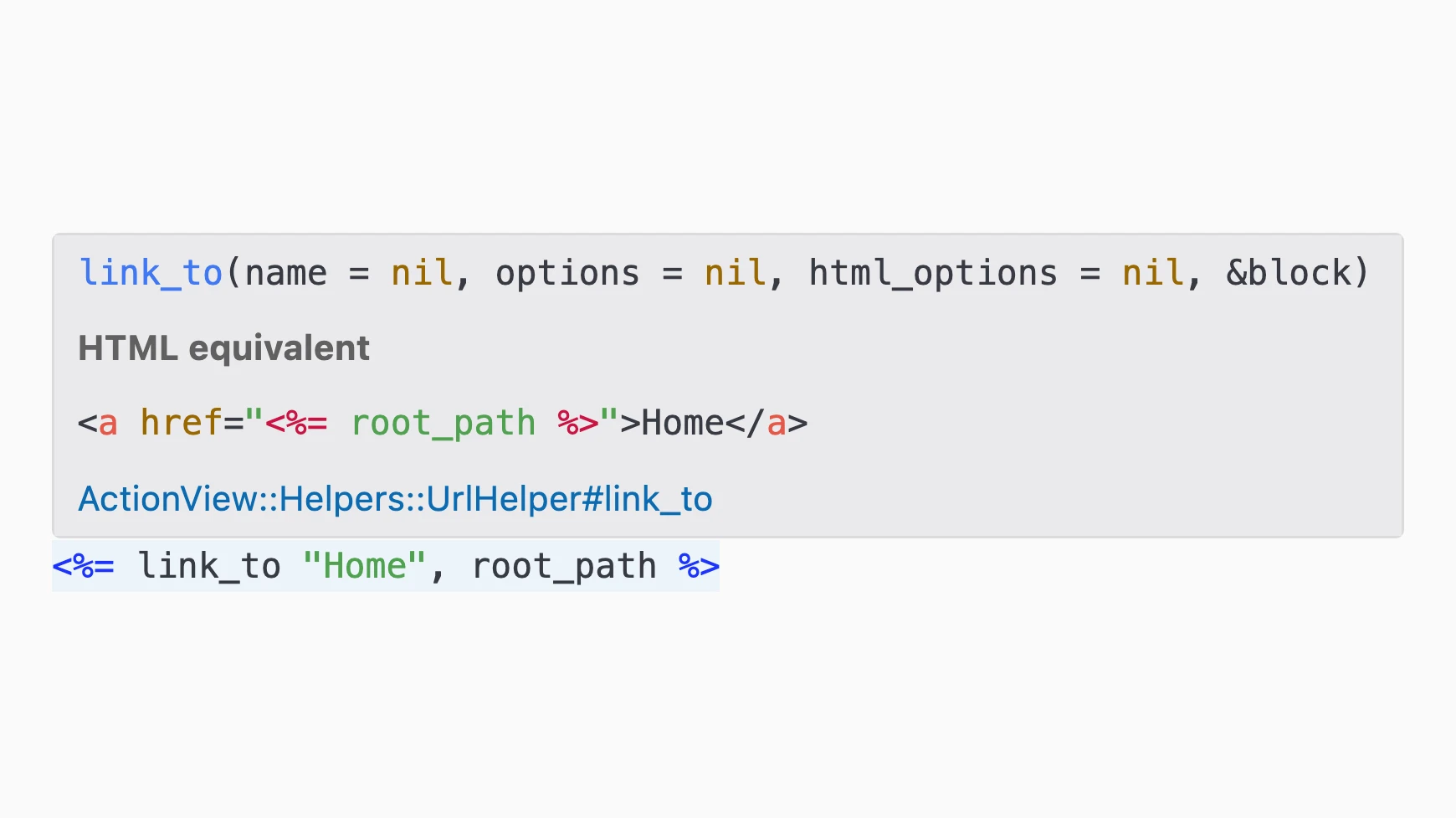 Hover popup showing the helper signature, documentation link, and HTML equivalent
