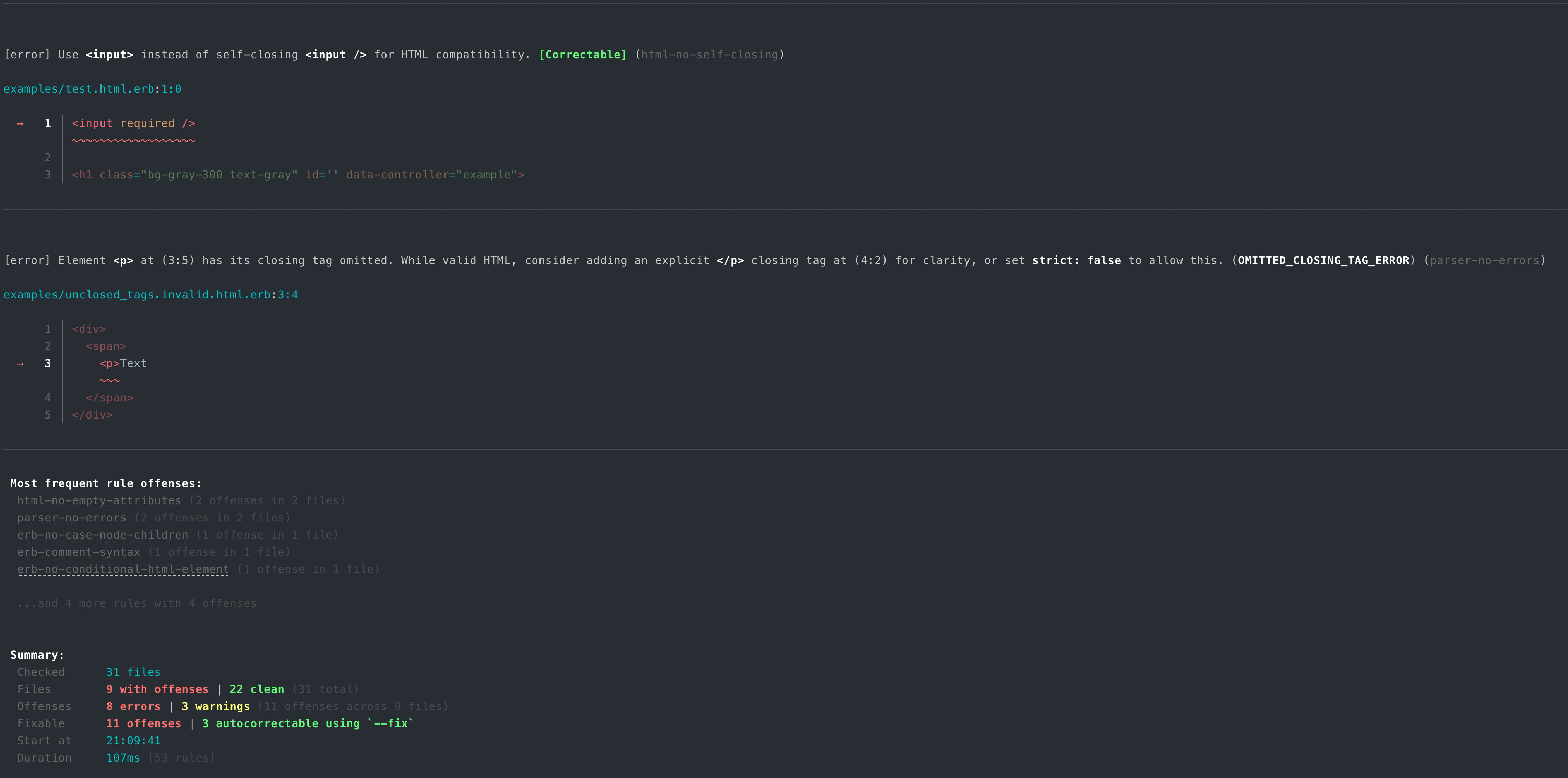 Linter CLI with linked rule IDs pointing to documentation